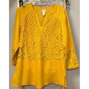 Chico's 100% Linen Lace Tunic Top Yellow Floral Crochet Boho  V-Neck Women's 1 M